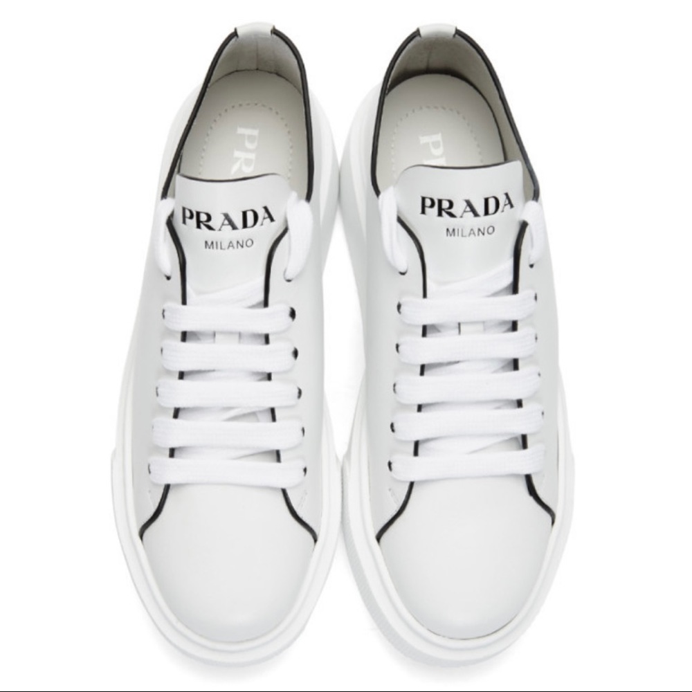 New PRADA White Cassetta Logo Platform Sneakers Size 39